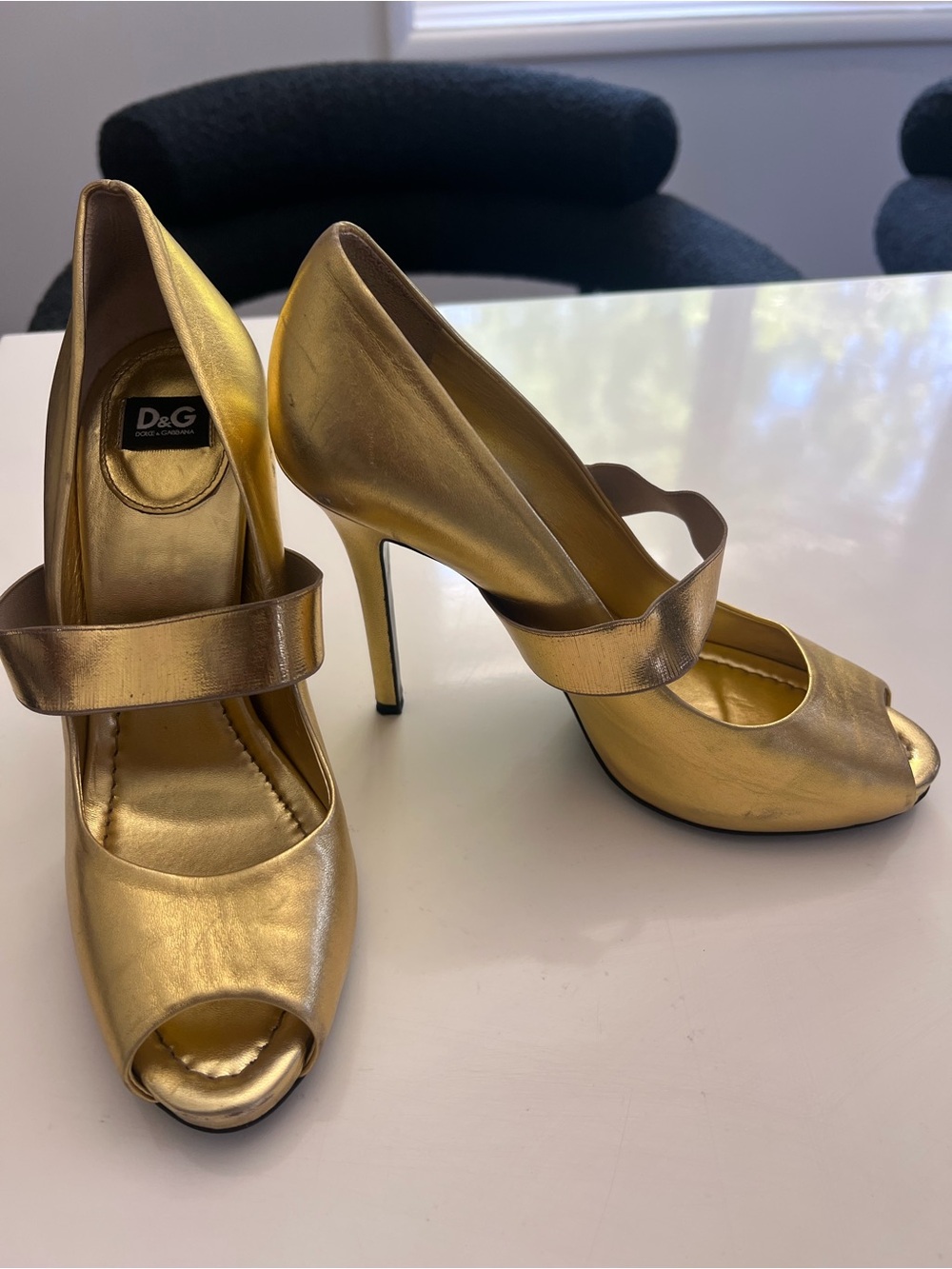 D&G Dolce & Gabbana Metallic Gold Peep-Toe Mary-Jane Heels